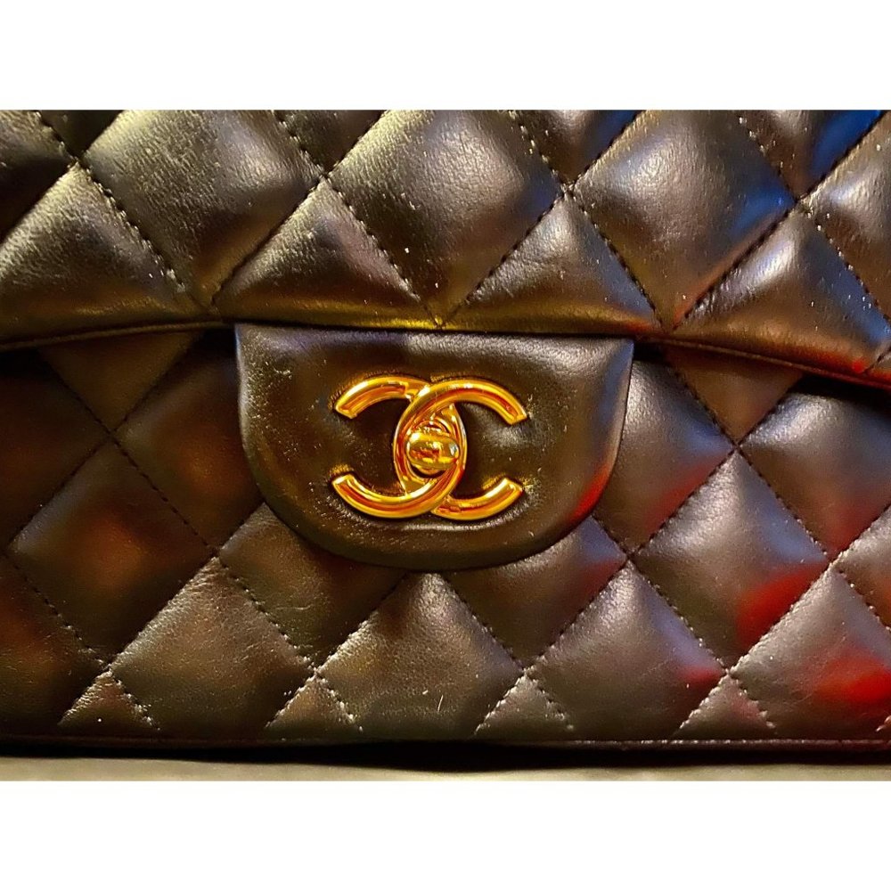 100% Authentic CHANEL Quilted Double Flap Jumbo Lambskin Black Shoulder Bag - Picture 10 of 16